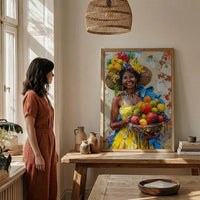 Latin American Woman Oil Painting Poster, Tropical Fruit Basket Art, Brazilian Vendor Wall Art, Exotic Decor, Impasto Portrait