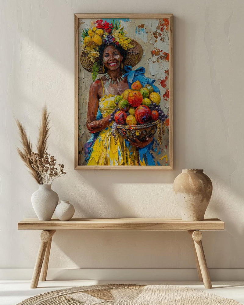 Latin American Woman Oil Painting Poster, Tropical Fruit Basket Art, Brazilian Vendor Wall Art, Exotic Decor, Impasto Portrait