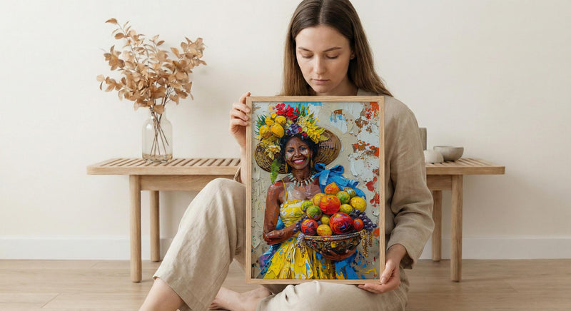 Latin American Woman Oil Painting Poster, Tropical Fruit Basket Art, Brazilian Vendor Wall Art, Exotic Decor, Impasto Portrait