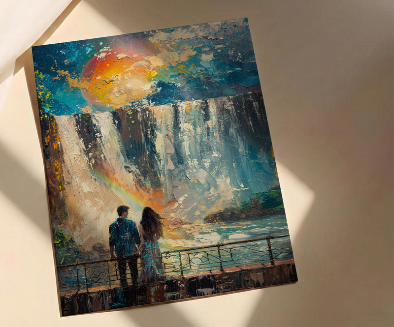 Iguazu Falls Art, Argentina Brazil Print, Waterfall Landscape, Impasto Oil Painting, Rainbow Decor, Nature Gift, Anniversary Gift