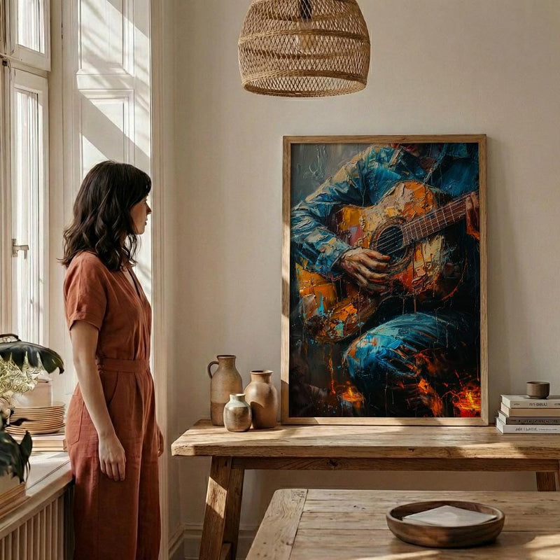 Spanish Guitar Art, Music Wall Decor, Romantic Serenade, Impasto Oil Painting, Warm Light, Musician Gift, Aesthetic Room Decor