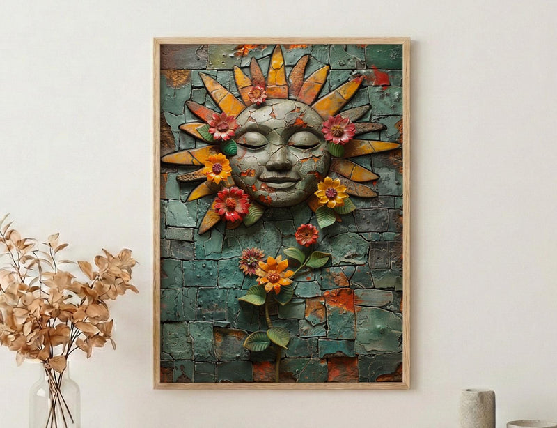 Aztec Art Print, Sun Stone Decor, Mexico History, Impasto Oil Painting, Ancient Symbol, Stone Texture, Aesthetic Room Decor