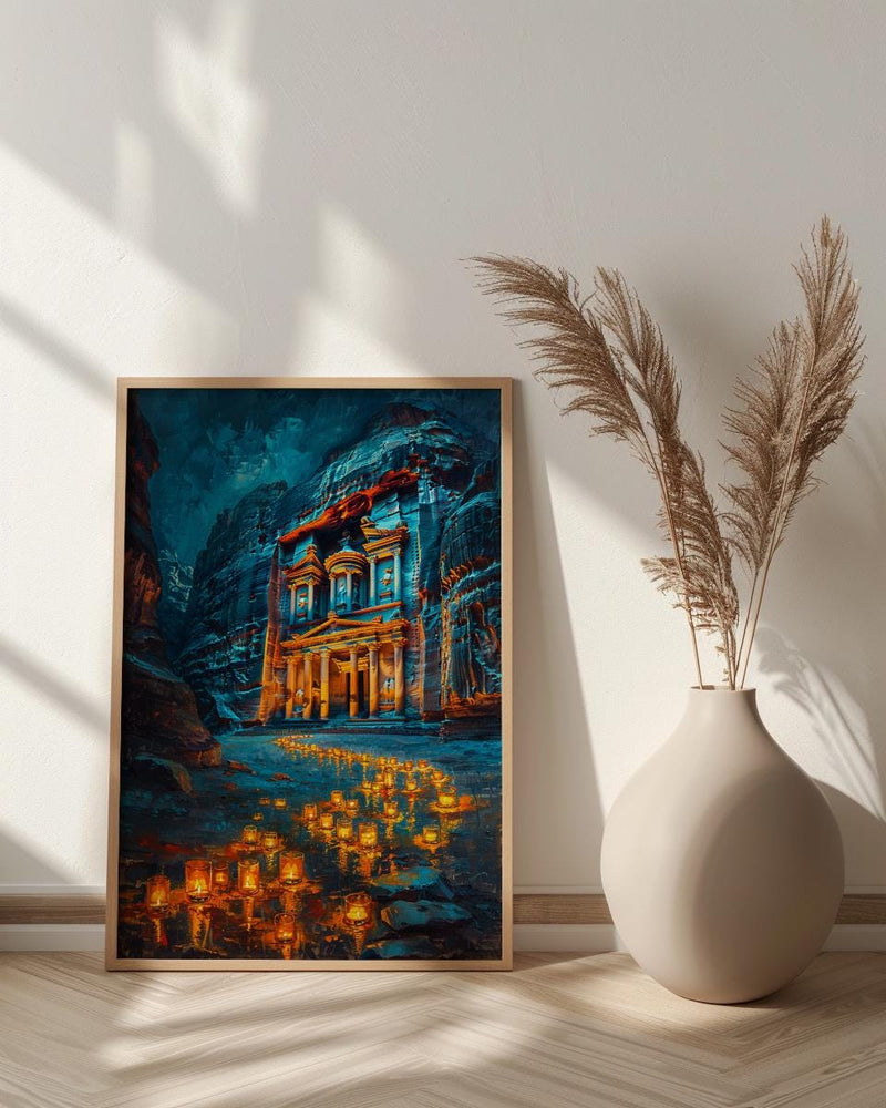 Petra Jordan Wall Art, Treasury Print, Ancient Ruins, Impasto Oil Painting, Night Candle Decor, History Lover Gift, Travel Lover Gift