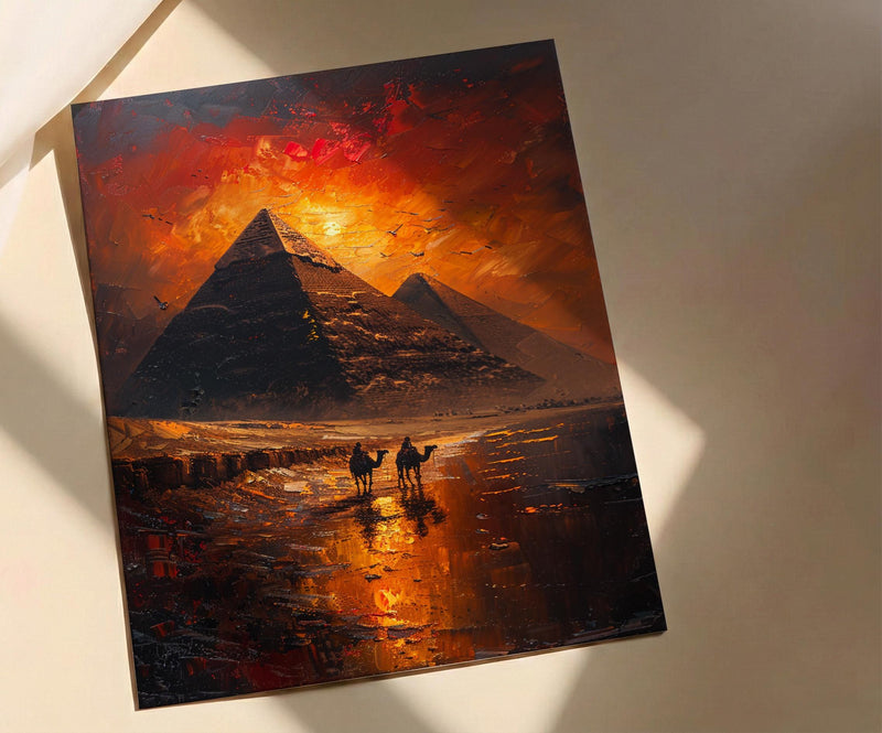 Egypt Pyramids Art, Giza Wall Decor, Sunset Landscape, Impasto Oil Painting, Camel Print, History Gift, Travel Lover Gift