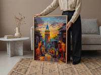 Istanbul Wall Art, Galata Tower Print, Turkey Travel Poster, Impasto Oil Painting, Golden Hour City, Wanderlust Decor, Urban