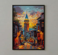 Istanbul Wall Art, Galata Tower Print, Turkey Travel Poster, Impasto Oil Painting, Golden Hour City, Wanderlust Decor, Urban
