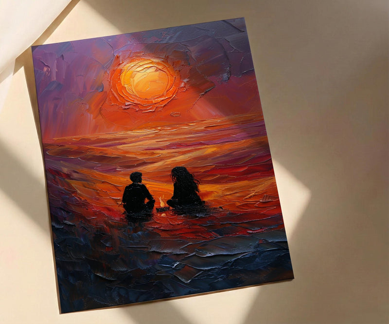 Desert Wall Art, Sahara Sunset Print, Bedouin Tent, Impasto Oil Painting, Orange Sand Decor, Nomadic Style, Wedding Gift