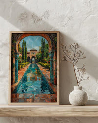 Persian Garden Oil Painting Poster, Iran Architecture Art Print, Islamic Arch Wall Art, Teal Courtyard Decor, Impasto Landscape