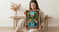 Persian Garden Oil Painting Poster, Iran Architecture Art Print, Islamic Arch Wall Art, Teal Courtyard Decor, Impasto Landscape