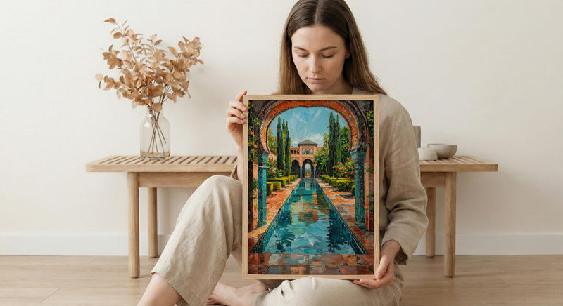 Persian Garden Oil Painting Poster, Iran Architecture Art Print, Islamic Arch Wall Art, Teal Courtyard Decor, Impasto Landscape