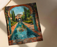 Persian Garden Oil Painting Poster, Iran Architecture Art Print, Islamic Arch Wall Art, Teal Courtyard Decor, Impasto Landscape