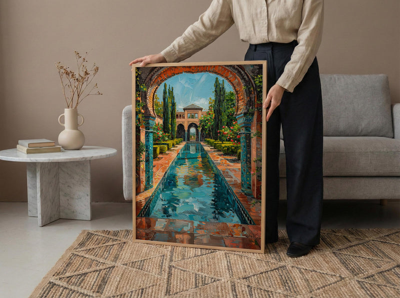 Persian Garden Oil Painting Poster, Iran Architecture Art Print, Islamic Arch Wall Art, Teal Courtyard Decor, Impasto Landscape