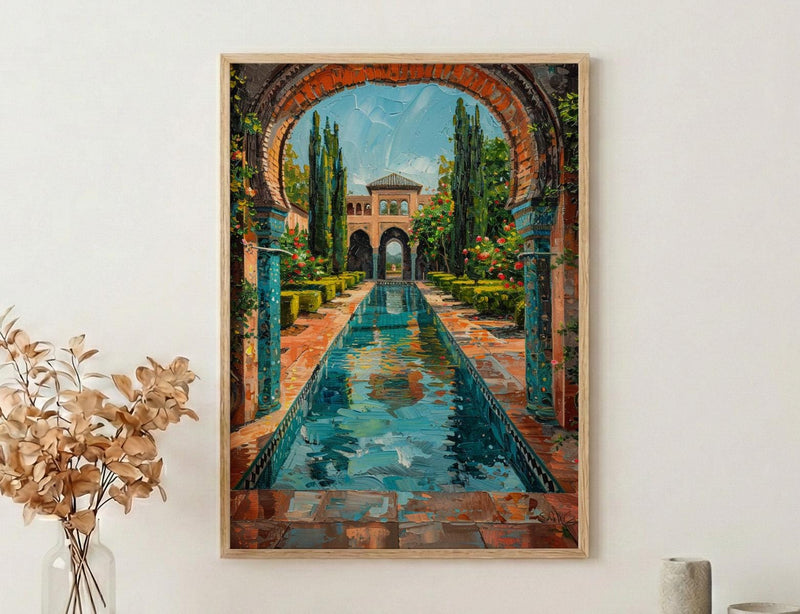 Persian Garden Oil Painting Poster, Iran Architecture Art Print, Islamic Arch Wall Art, Teal Courtyard Decor, Impasto Landscape