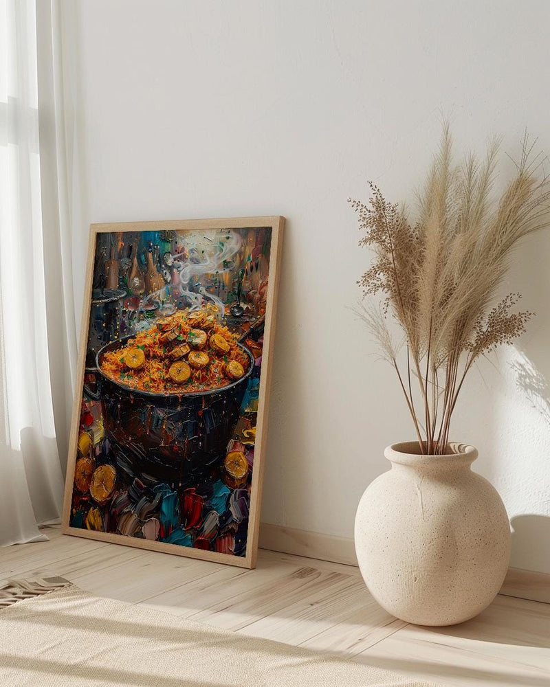 Jollof Rice and Plantain Oil Painting, African Food Art Print, Nigerian Kitchen Decor, West Africa Cuisine, Impasto Cooking Pot