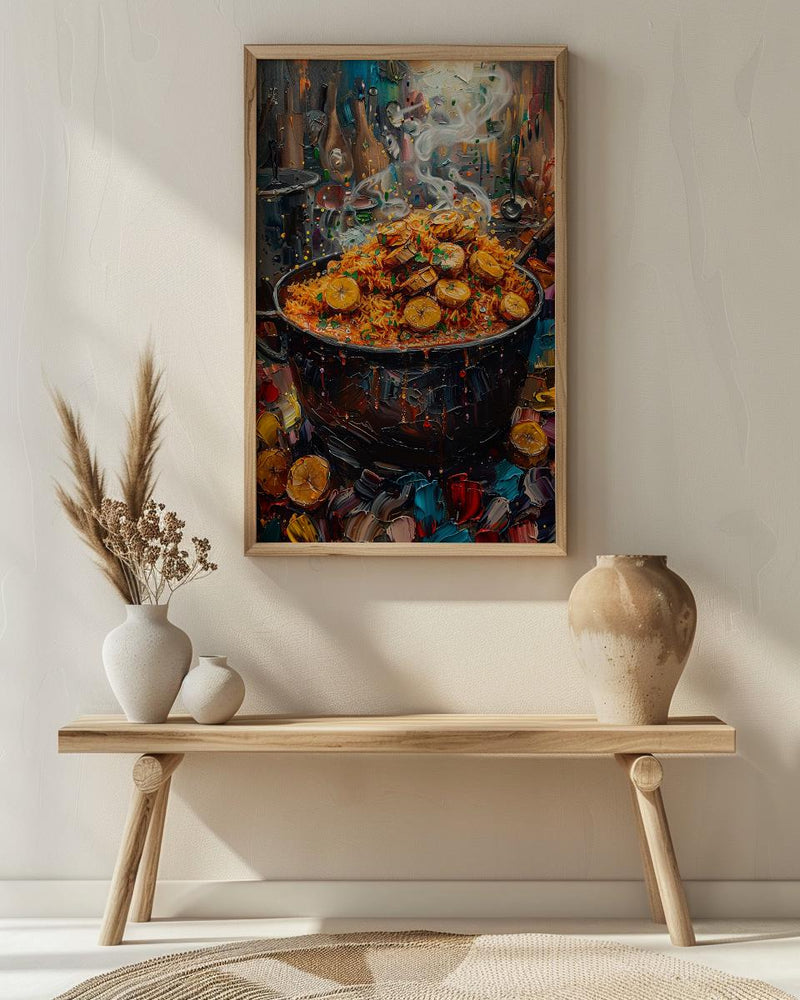 Jollof Rice and Plantain Oil Painting, African Food Art Print, Nigerian Kitchen Decor, West Africa Cuisine, Impasto Cooking Pot
