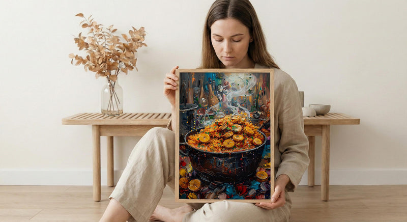 Jollof Rice and Plantain Oil Painting, African Food Art Print, Nigerian Kitchen Decor, West Africa Cuisine, Impasto Cooking Pot