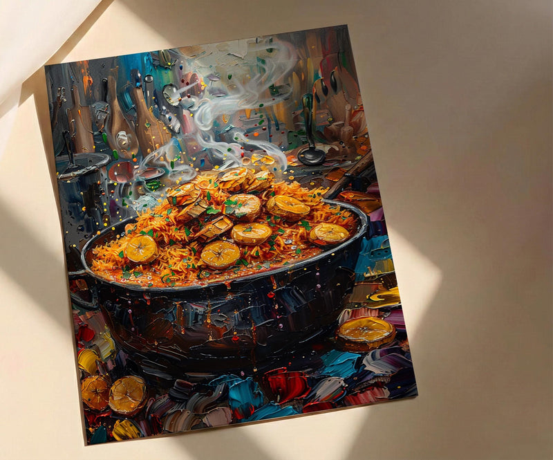 Jollof Rice and Plantain Oil Painting, African Food Art Print, Nigerian Kitchen Decor, West Africa Cuisine, Impasto Cooking Pot