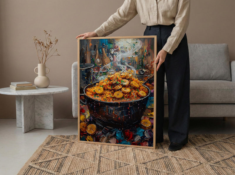 Jollof Rice and Plantain Oil Painting, African Food Art Print, Nigerian Kitchen Decor, West Africa Cuisine, Impasto Cooking Pot