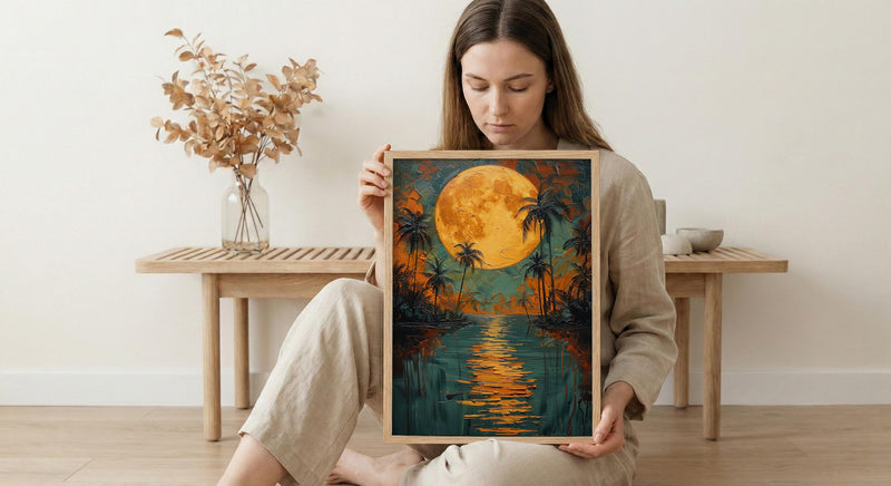 Oasis Wall Art, Desert Landscape, Palm Tree Print, Impasto Oil Painting, Moonlit Water, Serene Nature, Anniversary Gift