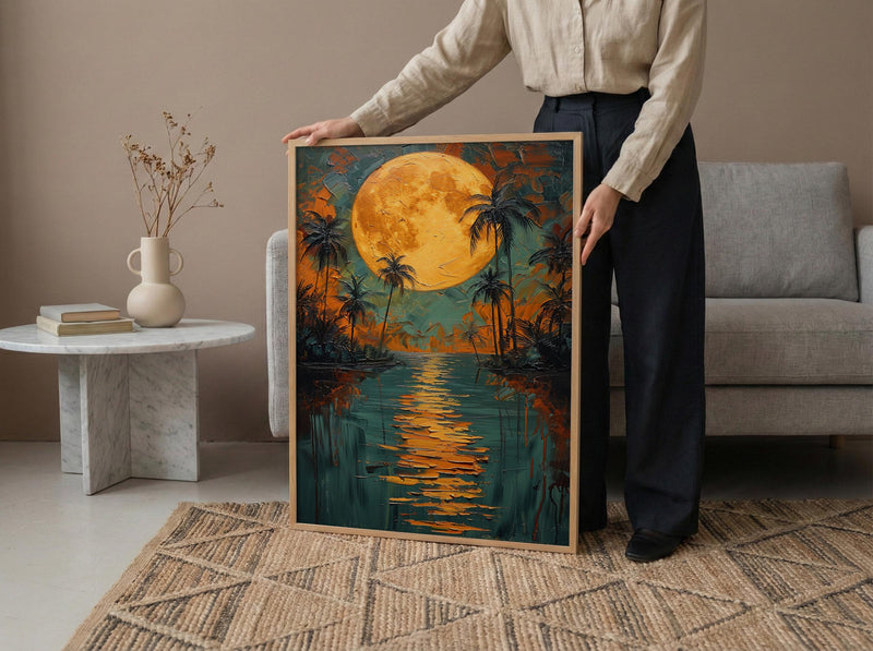 Oasis Wall Art, Desert Landscape, Palm Tree Print, Impasto Oil Painting, Moonlit Water, Serene Nature, Anniversary Gift