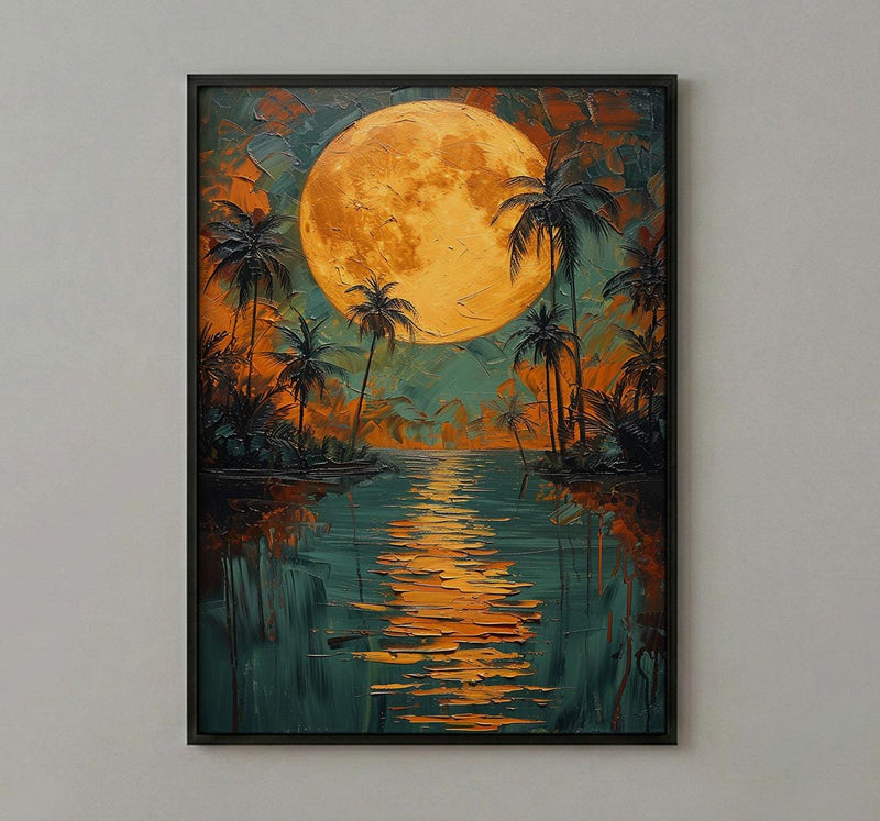 Oasis Wall Art, Desert Landscape, Palm Tree Print, Impasto Oil Painting, Moonlit Water, Serene Nature, Anniversary Gift