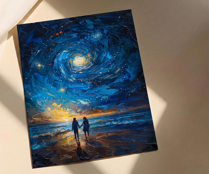 Starry Night Art, Desert Sky Print, Milky Way Painting, Impasto Oil Painting, Galaxy Decor, Romantic Couple, Engagement Gift