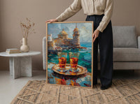 Turkish Tea Art, Istanbul Wall Decor, Bosphorus View, Impasto Oil Painting, Kitchen Print, Cultural Gift, Travel Lover Gift