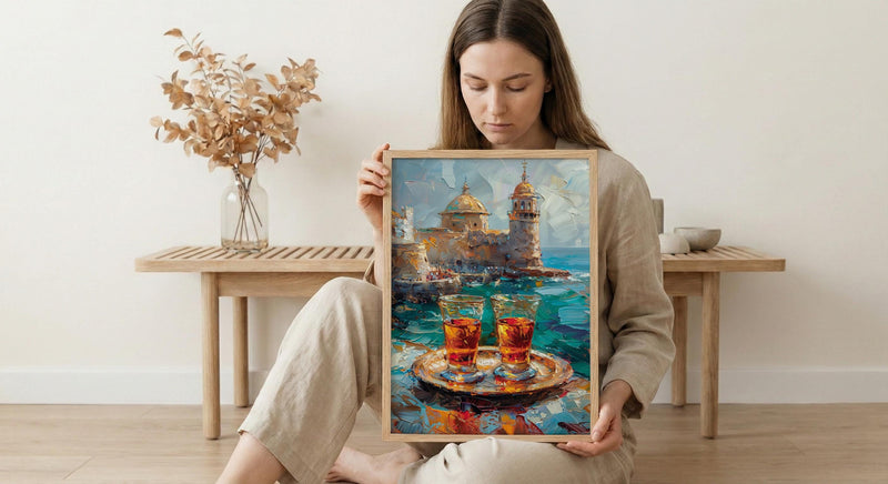 Turkish Tea Art, Istanbul Wall Decor, Bosphorus View, Impasto Oil Painting, Kitchen Print, Cultural Gift, Travel Lover Gift