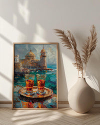 Turkish Tea Art, Istanbul Wall Decor, Bosphorus View, Impasto Oil Painting, Kitchen Print, Cultural Gift, Travel Lover Gift
