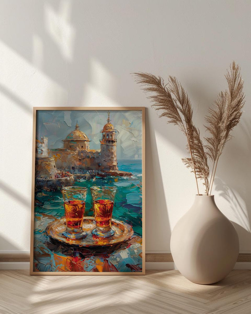 Turkish Tea Art, Istanbul Wall Decor, Bosphorus View, Impasto Oil Painting, Kitchen Print, Cultural Gift, Travel Lover Gift