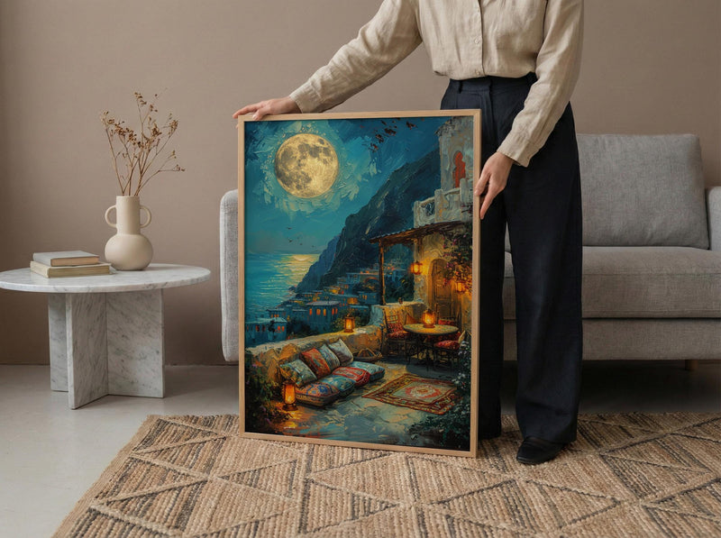 Rooftop Terrace Art, Moroccan Lanterns, Night City View, Impasto Oil Painting, Romantic Evening, Boho Decor, Travel Lover Gift