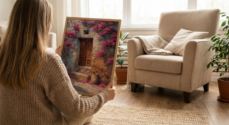 Old Door Art, Bougainvillea Print, Secret Garden, Impasto Oil Painting, Rustic Wall Decor, Pink Flowers, Anniversary Gift