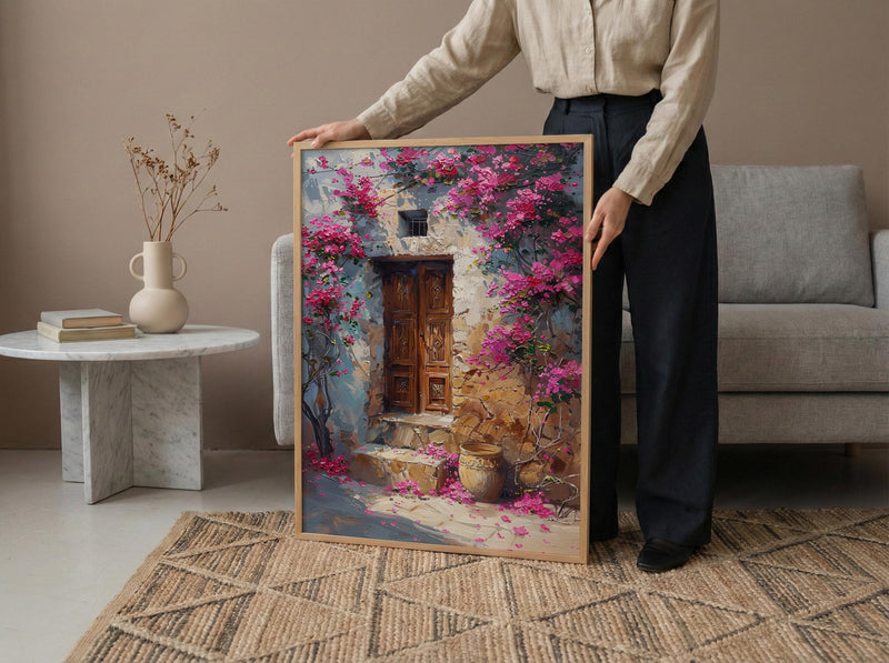 Old Door Art, Bougainvillea Print, Secret Garden, Impasto Oil Painting, Rustic Wall Decor, Pink Flowers, Anniversary Gift