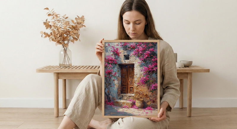 Old Door Art, Bougainvillea Print, Secret Garden, Impasto Oil Painting, Rustic Wall Decor, Pink Flowers, Anniversary Gift