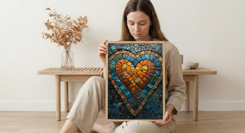 Mosaic Heart Print, Islamic Geometry Art, Moroccan Tile Decor, Impasto Oil Painting, Turquoise Blue, Boho Pattern, Housewarming Gift