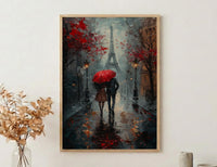 Paris Wall Art, Eiffel Tower Print, Romantic Couple Gift, Impasto Oil Painting, Rainy Paris Street, Wedding Gift, Red Umbrella