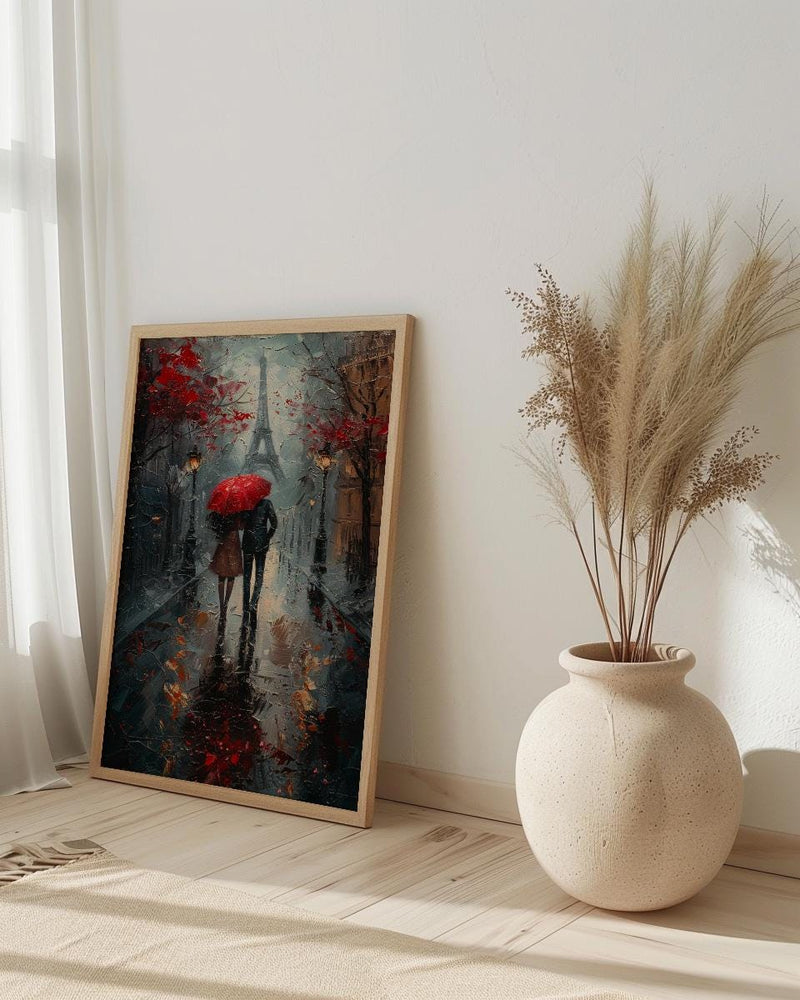 Paris Wall Art, Eiffel Tower Print, Romantic Couple Gift, Impasto Oil Painting, Rainy Paris Street, Wedding Gift, Red Umbrella