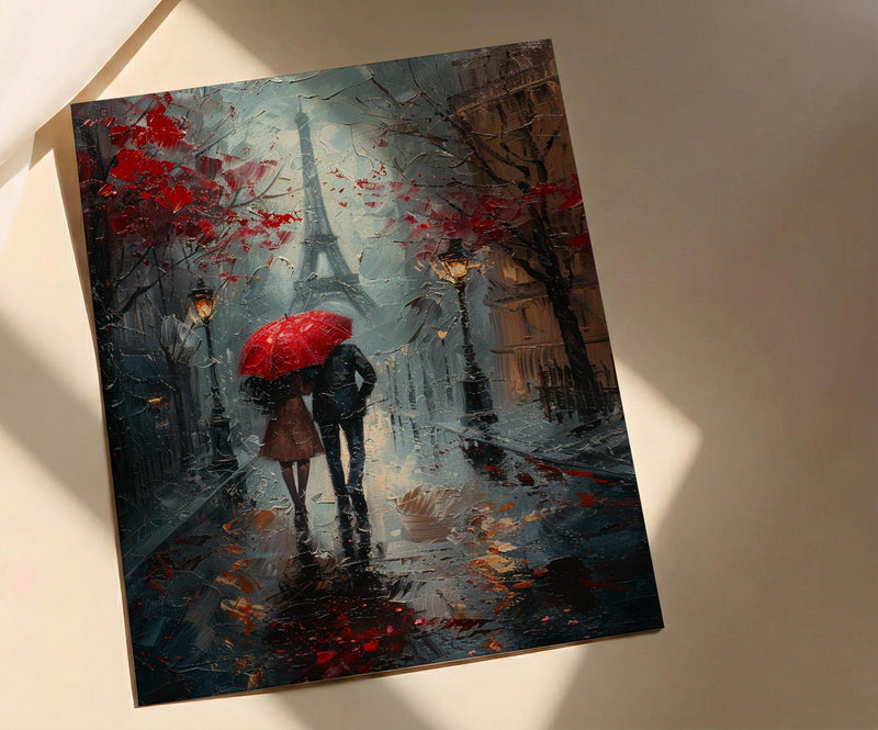 Paris Wall Art, Eiffel Tower Print, Romantic Couple Gift, Impasto Oil Painting, Rainy Paris Street, Wedding Gift, Red Umbrella