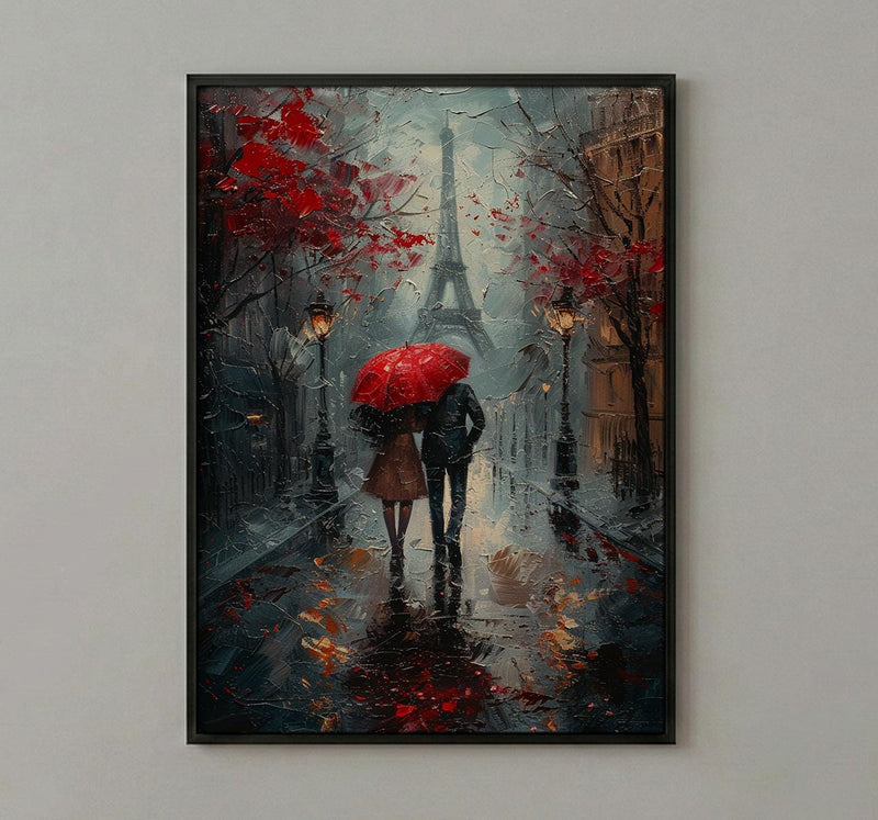 Paris Wall Art, Eiffel Tower Print, Romantic Couple Gift, Impasto Oil Painting, Rainy Paris Street, Wedding Gift, Red Umbrella