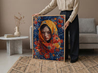 Persian Rug Art, Floral Pattern Print, Boho Wall Decor, Impasto Oil Painting, Red and Blue, Texture Art, Housewarming Gift