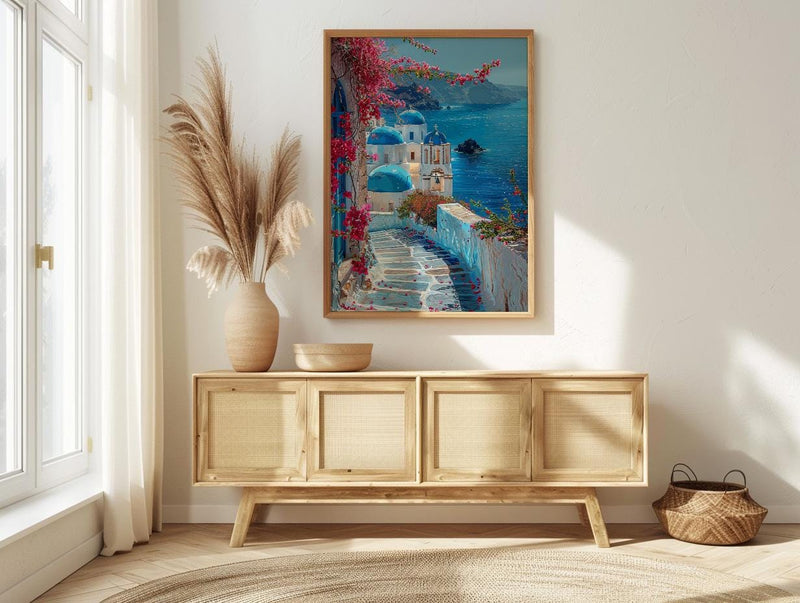 Santorini Wall Art, Greece Travel Print, Blue Domes, Impasto Oil Painting, Summer Romance, Honeymoon Gift, Greek Island Decor