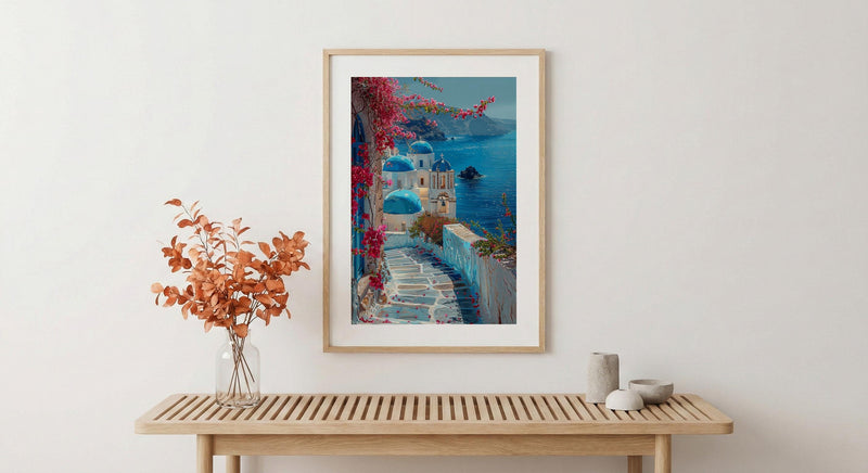 Santorini Wall Art, Greece Travel Print, Blue Domes, Impasto Oil Painting, Summer Romance, Honeymoon Gift, Greek Island Decor