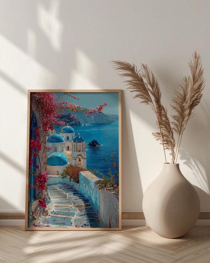 Santorini Wall Art, Greece Travel Print, Blue Domes, Impasto Oil Painting, Summer Romance, Honeymoon Gift, Greek Island Decor