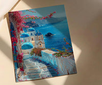 Santorini Wall Art, Greece Travel Print, Blue Domes, Impasto Oil Painting, Summer Romance, Honeymoon Gift, Greek Island Decor