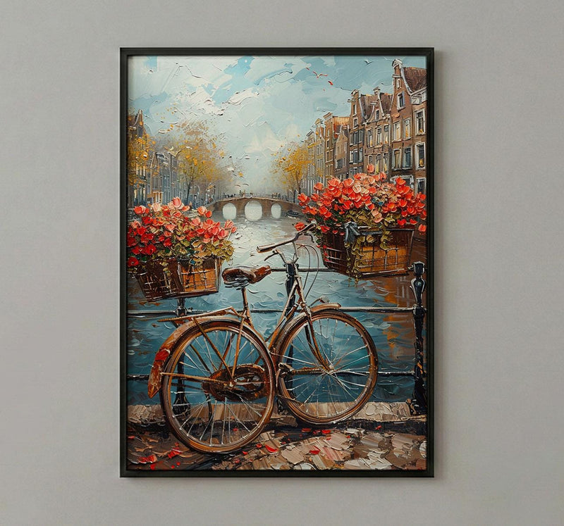 Amsterdam Wall Art, Vintage Bicycle Print, Canal House Decor, Impasto Oil Painting, Tulips Art, Travel Gift, Netherlands