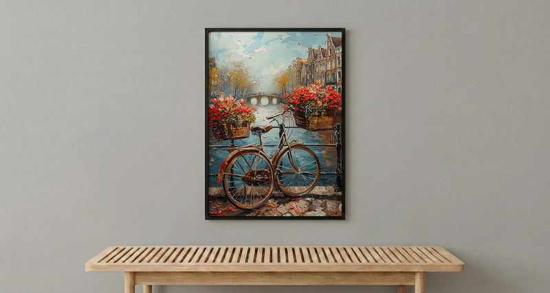 Amsterdam Wall Art, Vintage Bicycle Print, Canal House Decor, Impasto Oil Painting, Tulips Art, Travel Gift, Netherlands
