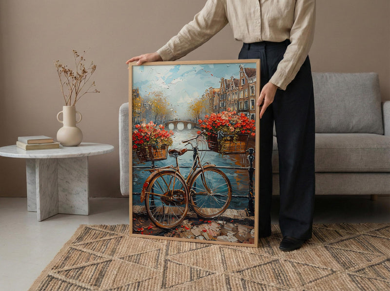 Amsterdam Wall Art, Vintage Bicycle Print, Canal House Decor, Impasto Oil Painting, Tulips Art, Travel Gift, Netherlands