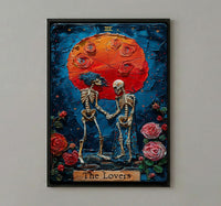 The Lovers Tarot Card Print, Skeleton Art, Gothic Wall Decor, Impasto Oil Painting, Mystical Skull Art, Witchy Gift, Occult Poster