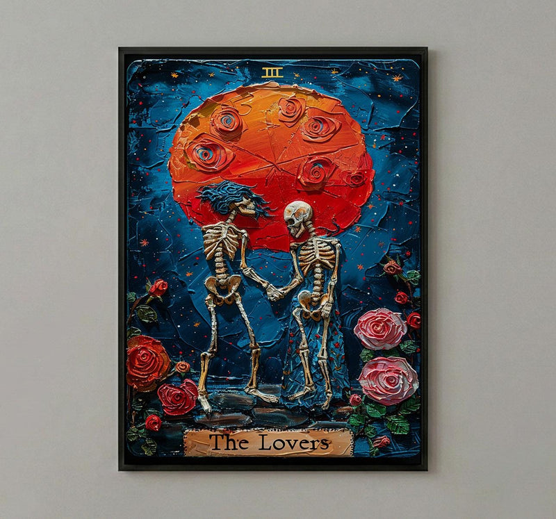 The Lovers Tarot Card Print, Skeleton Art, Gothic Wall Decor, Impasto Oil Painting, Mystical Skull Art, Witchy Gift, Occult Poster