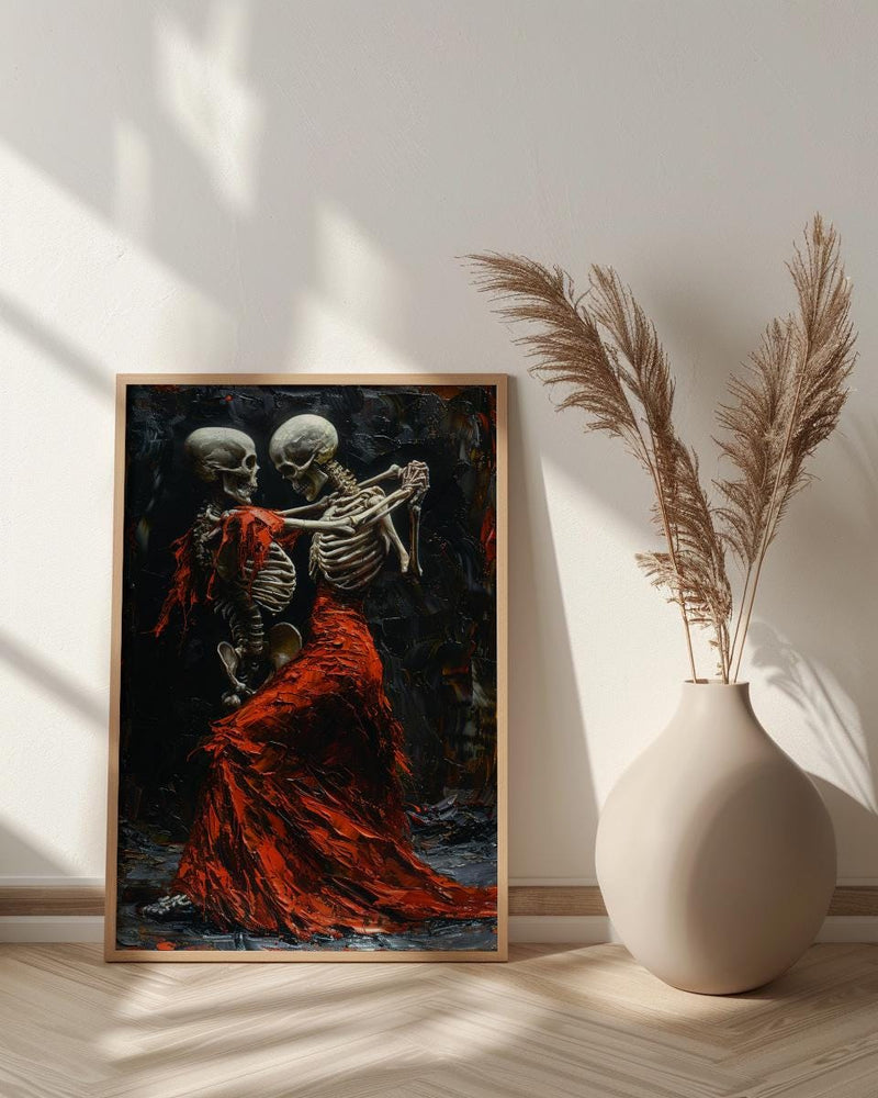 Dancing Skeleton Art, Danse Macabre Print, Gothic Romance Decor, Impasto Oil Painting, Red Dress, Dark Fantasy, Music Lover Gift